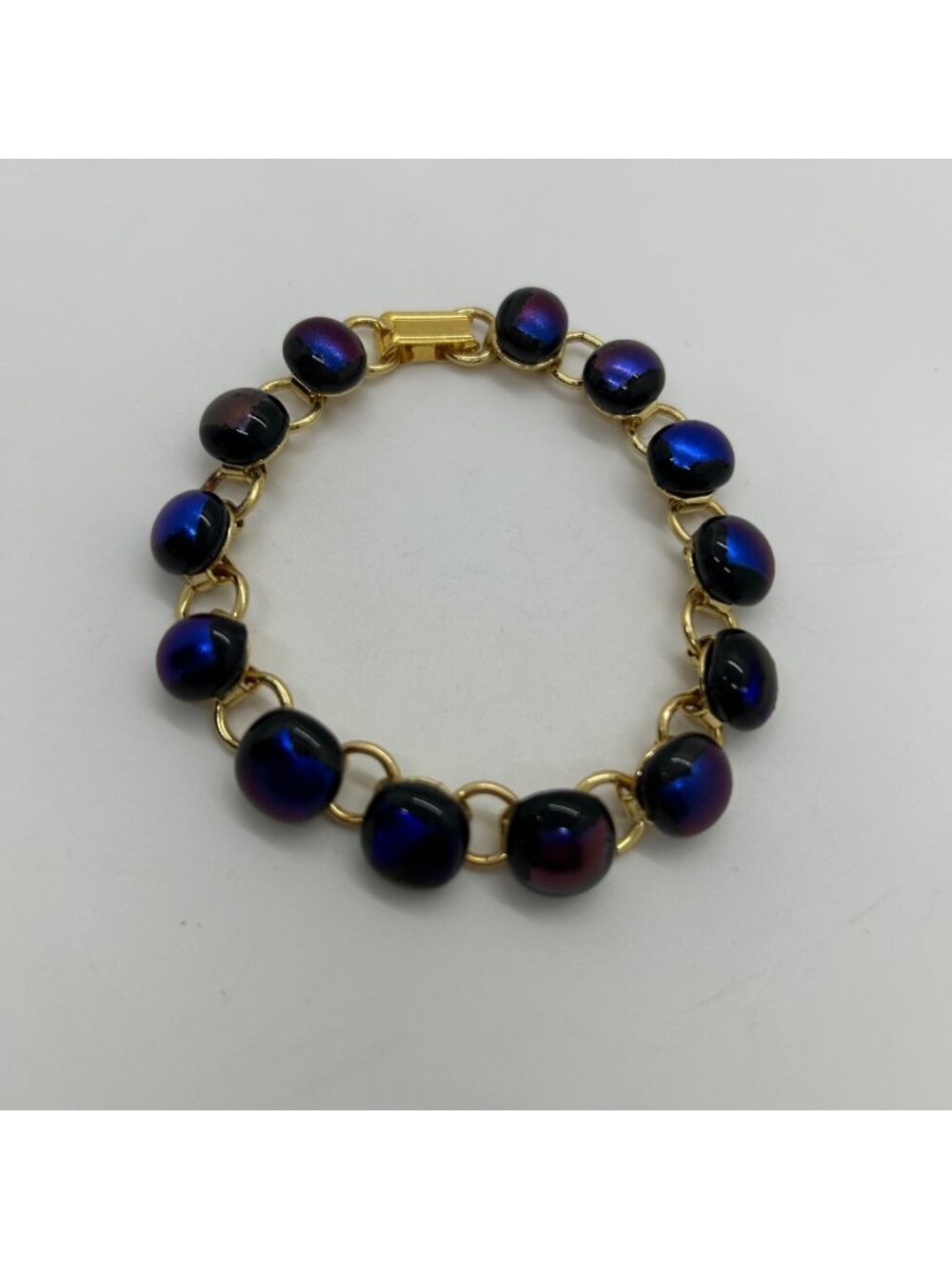 Vintage Gold-Tone Bracelet With Iridescent Dichroic Glass Beads Blue Purple